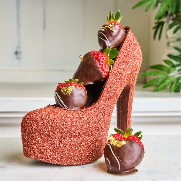 Chocolate shoe with dipped strawberries